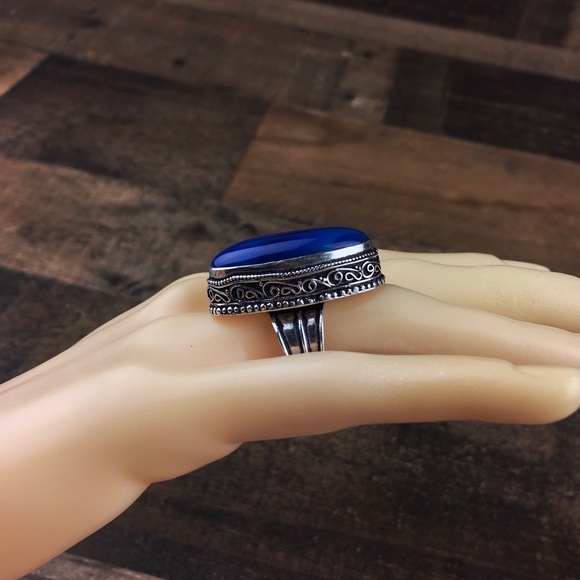 Blue Botswana Agate Stone Silver Overlay Ring Size 7.75 - Picture 10 of 12